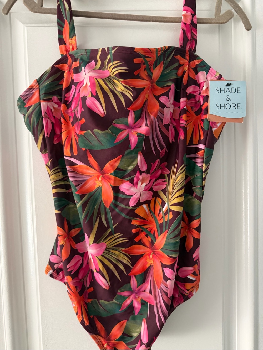Shade & Shore Tropical Floral One-Piece Swimsuit in Maroon, Pink & Orange